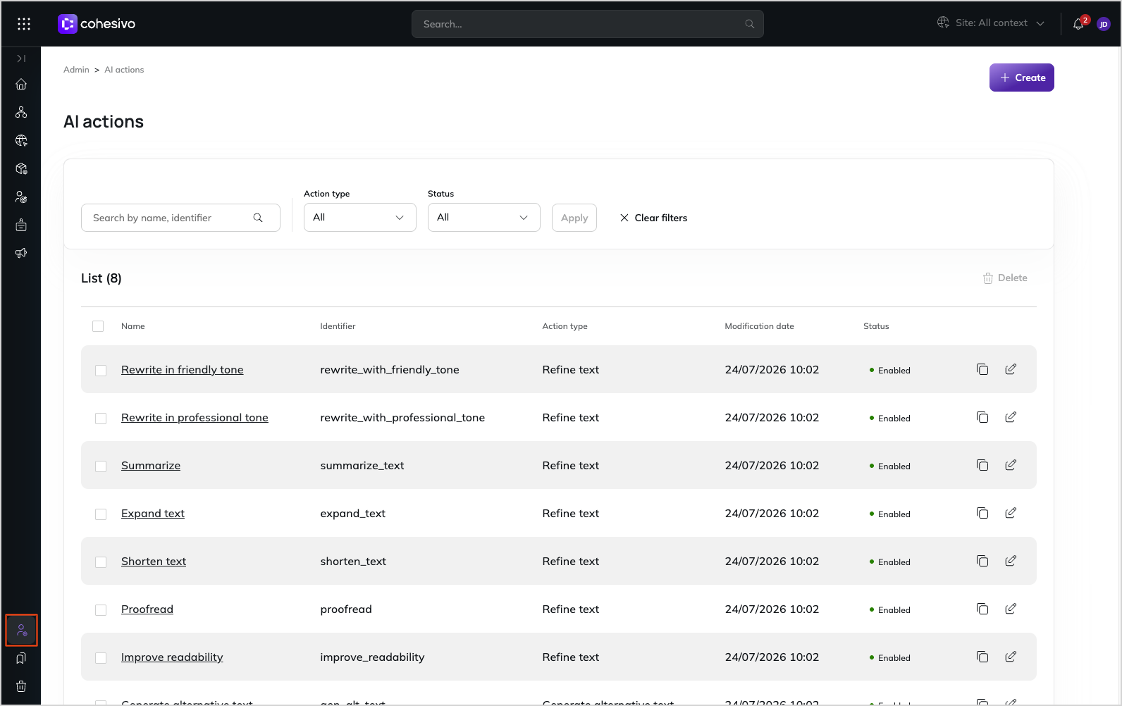 AI actions in Admin Panel