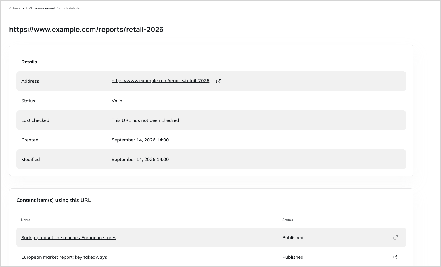 Detail of a link in Link manager