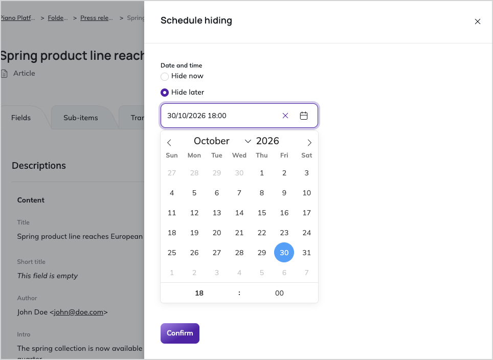 Hide content item modal window Hide content item modal window