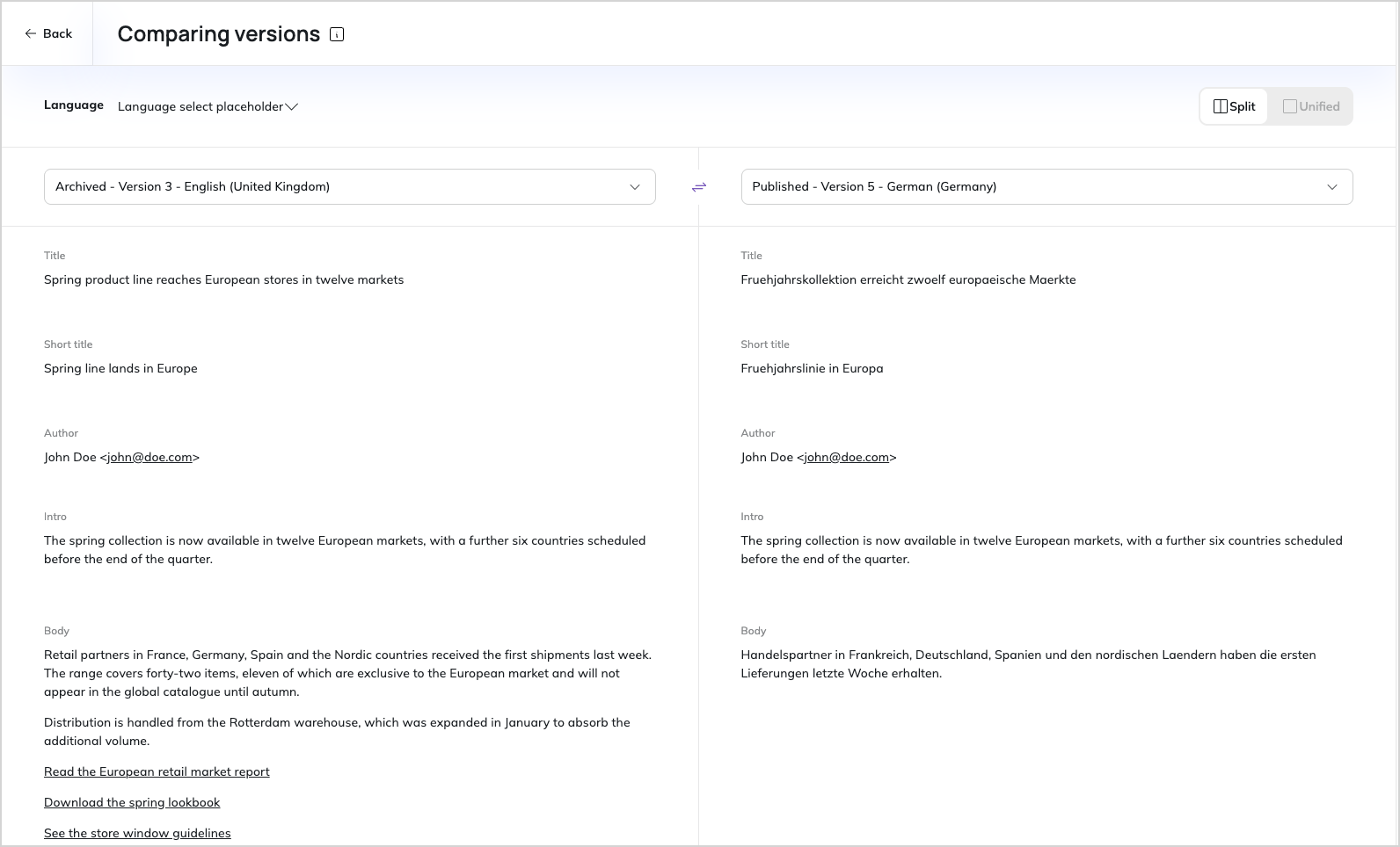 Compare translations screen