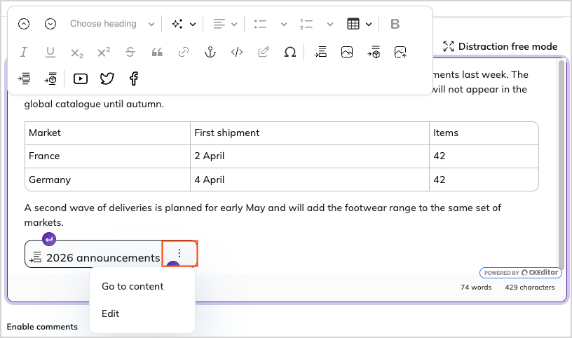 Edit embedded content item