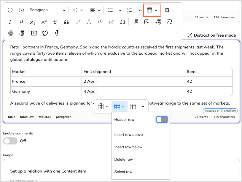 Table options in online editor
