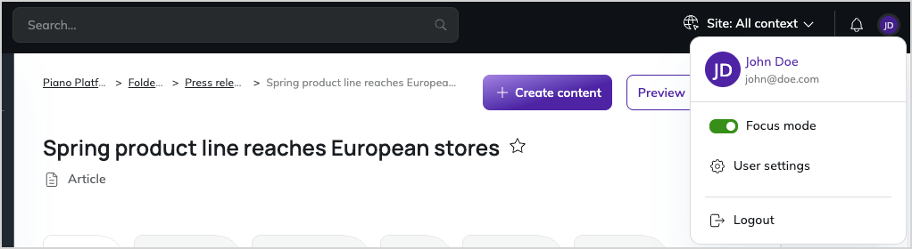 User settings User settings