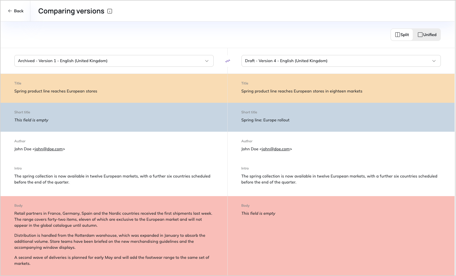 Version comparison in Split view