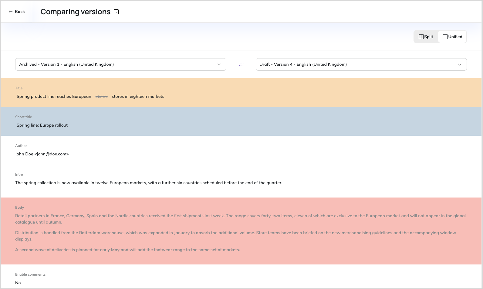 Version comparison in Unified view