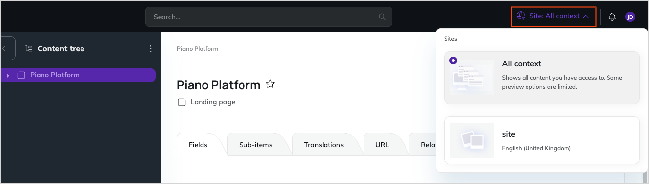 Top bar with site context selector Top bar with site context selector