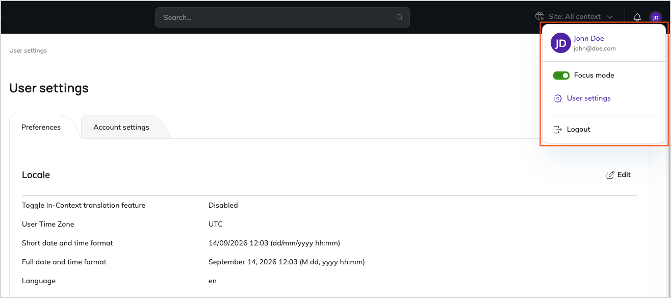 User preferences menu