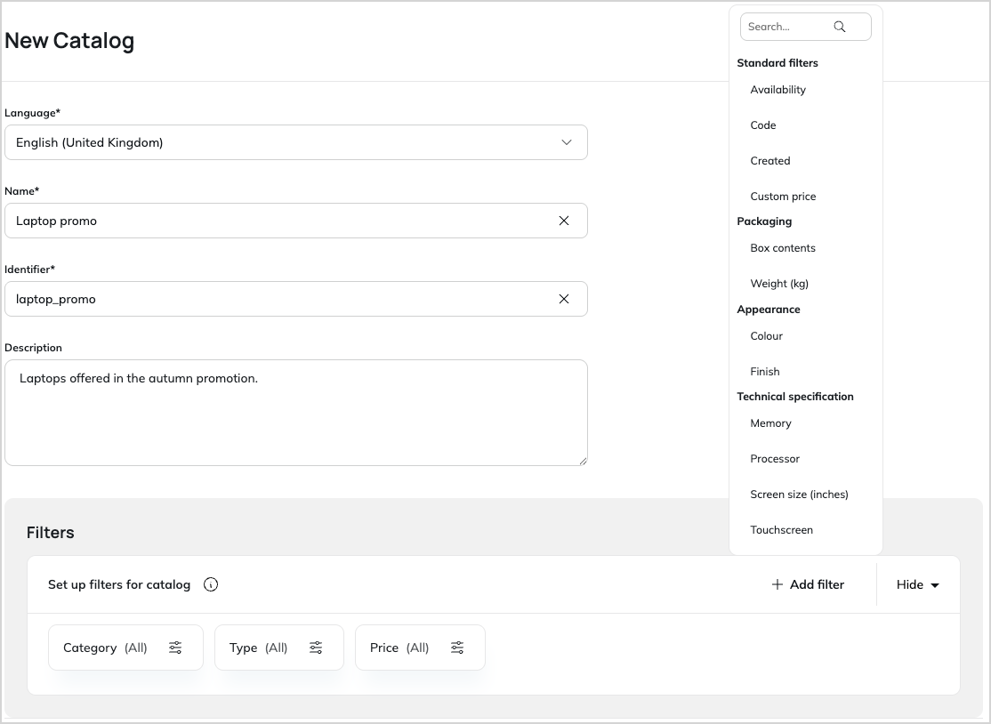 Adding filters to catalog Adding filters to catalog