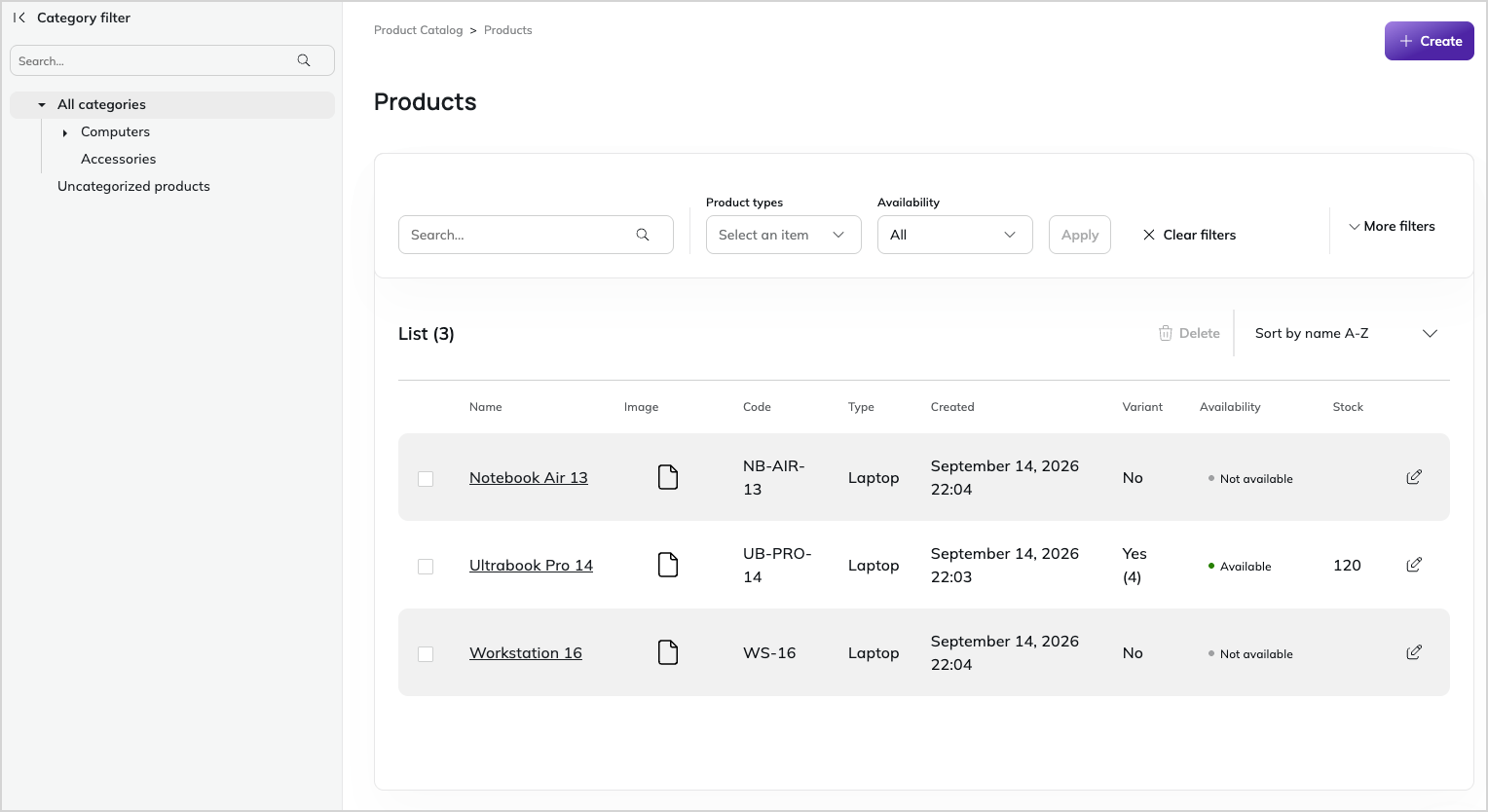 Products list with action buttons