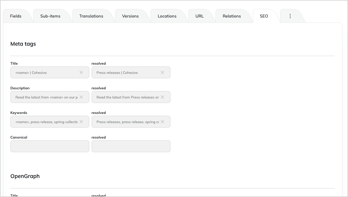 SEO tab in content item details