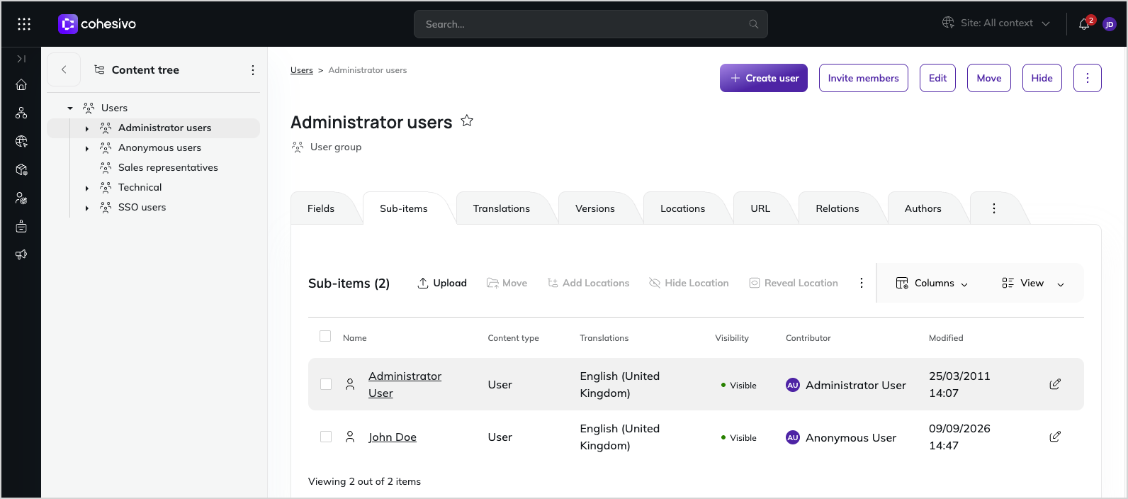 Users section